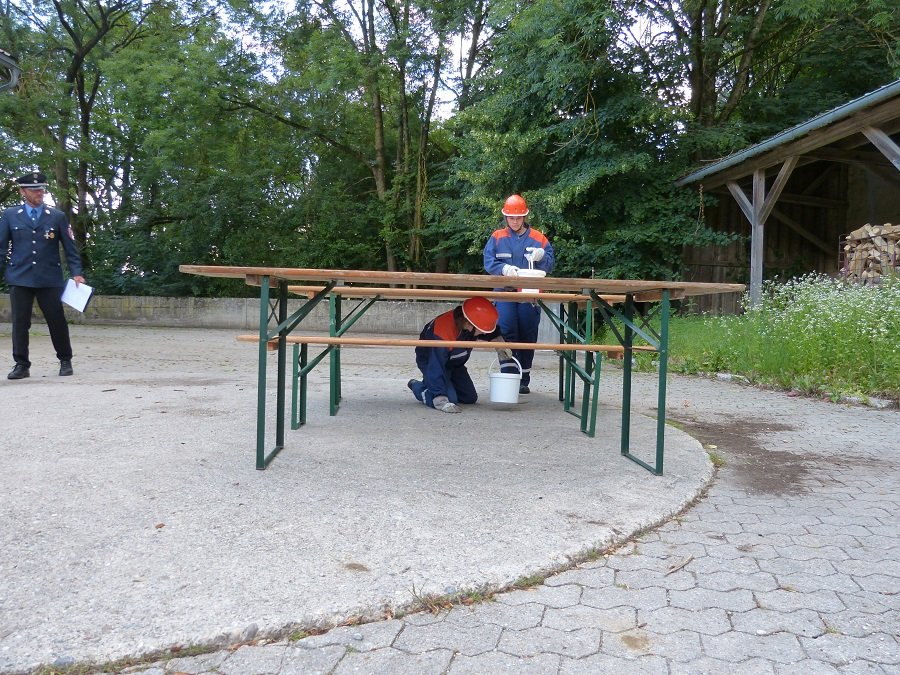 Jugendflamme 2 - Hindernissparcour: Mit Wasserkübel unter den Tischen durch, über die Bank drüber!